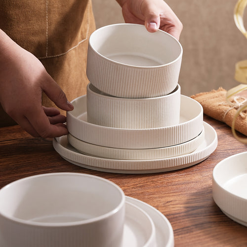 12pcs Stoneware Dinnerware Sets, Round Plates And Bowls Set for 4, Ribbed, Dishwasher And Microwave-safe, Full Glaze Matte White, Best for Christmas, Perfect for Thanksgiving