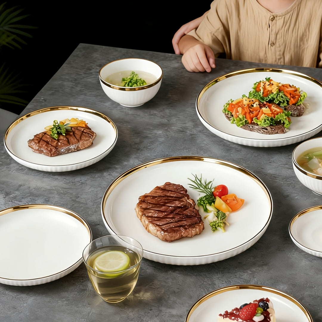 Luxury Ceramic Dinner Plate Set | 10-inch Gold-Edged Plates for Pasta, Salad, Dessert, Sushi - Multi-Functional Kitchenware Suitable for Restaurants and Home Gatherings, Microwave and Dishwasher Safe
