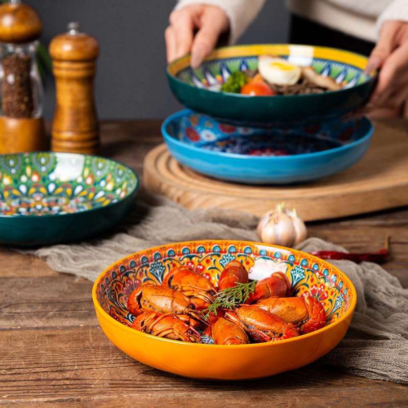 Stoneware Ceramic Pasta Bowls Set of 6 Deep Plates - 8 Inch Shallow Dinnerware, Premium Mandala Boho Salad Soup Rice Bowls, Colorful Decorative Ceramic Serving, Microwave Dishwasher Oven Safe Rimmed