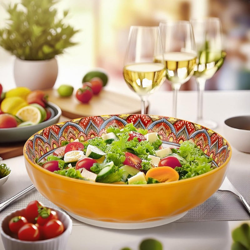 75 Oz Serving Bowls in Bohemian Design, Large Porcelain Dishes Ideal for Entertaining at Parties. Perfect for Serving Soup, Salad, Pasta, Fruit, Or Chips, with a Diameter of 10.3 Inches in Orange And Beige.