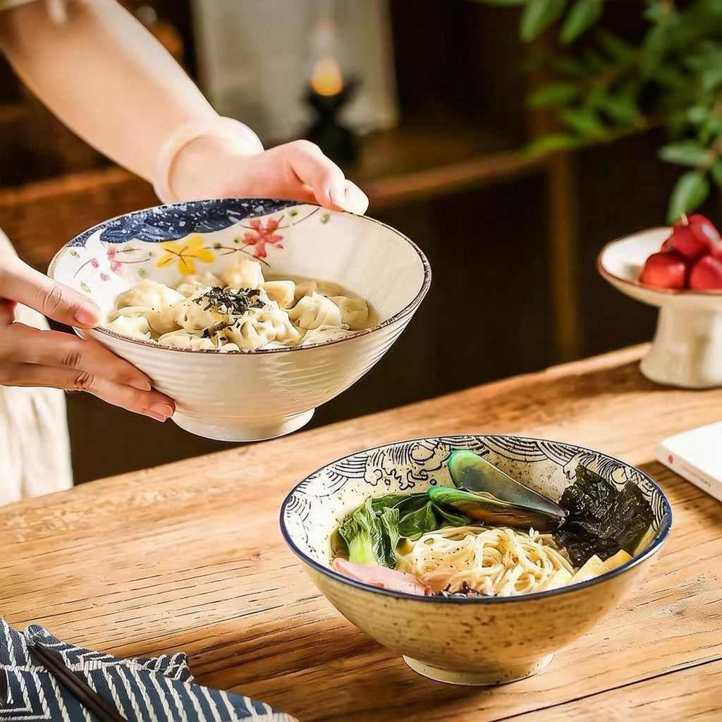 2pcs Large Japanese Ceramic Ramen Bowls with Underglaze Color - Heavy-Duty Soup Noodle Bowls Suitable for Home, Restaurants, Ramen, Housewarming Gifts & Japanese Dining Parties