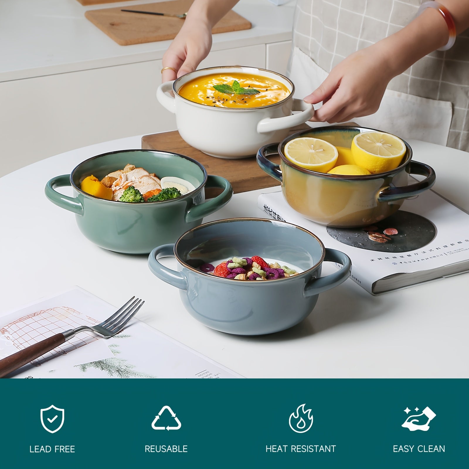 4pcs Color Dopamine Color Matching Ceramic Binaural Bowl, 28oz Super Large Capacity Ceramic Bowl with Handle for Soup, Salad Dessert, Pasta, Lamian Noodles - Suitable for Dishwasher And Microwave Oven, Very Suitable for Kitchen And Household Gifts