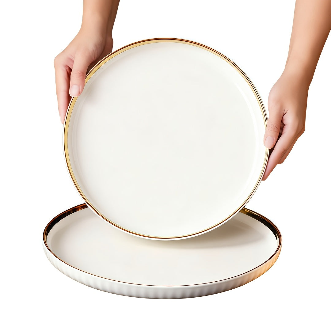 Luxury Ceramic Dinner Plate Set | 10-inch Gold-Edged Plates for Pasta, Salad, Dessert, Sushi - Multi-Functional Kitchenware Suitable for Restaurants and Home Gatherings, Microwave and Dishwasher Safe