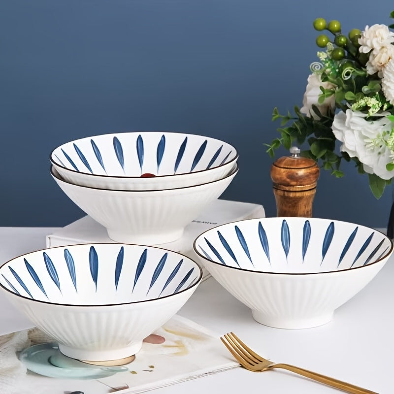 Set of Four Premium Ceramic Bowls Featuring a Distinctive Design, Perfect for Serving Large Portions of Traditional Japanese Ramen Soup in a Retro Style