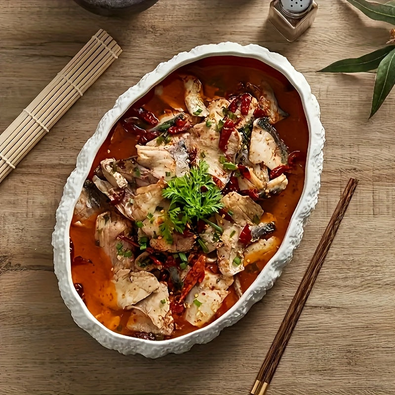 Collection of 2 Oversized Ceramic Fish Dishes Featuring a Rock Design - Ideal for Fish, Lobster, And Seafood - Stylish Tableware for Upscale Dining Establishments And Home Use