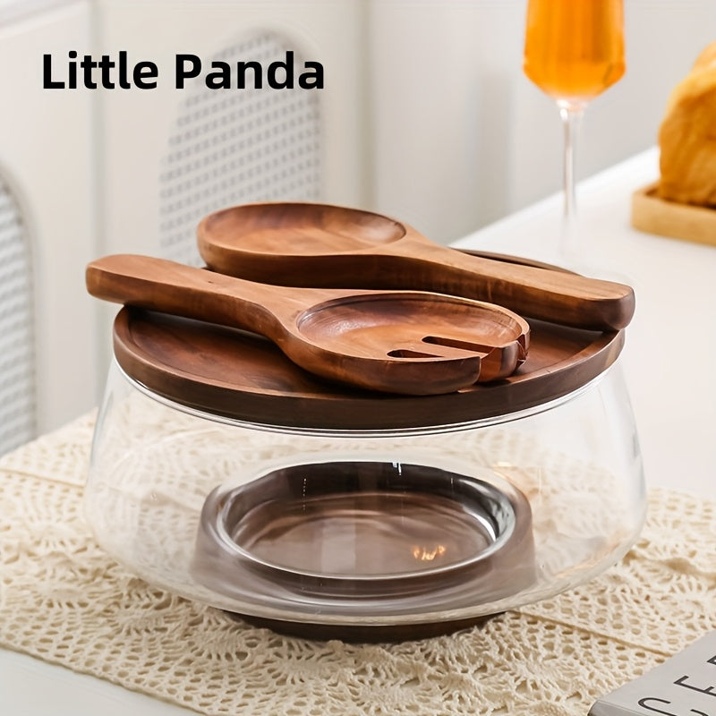 Large Glass Salad Bowl Large Round Glass Salad Bowl Handmade with Spoon & Lid | Nordic Mixing Bowl for Home or Restaurant, Fruit Dessert Serving, Decorative Lid, Glass Dish