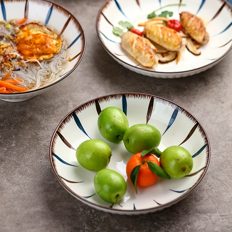 6pcs Japanese-Style Ceramic Deep Plates\u002F8-Inch Round Serving Dishes with Blue & Brown Striped Pattern\u002FMicrowave & Dishwasher Safe\u002FDurable & Easy-Clean Design for Home, Restaurant, Party Use\u002FParty Serving Dishes\u002FElegant Tableware