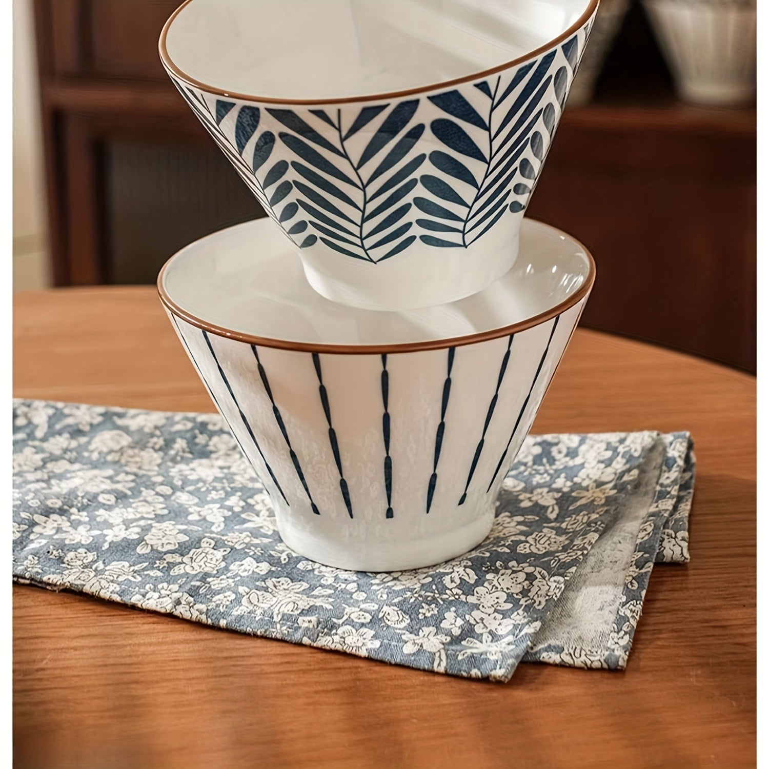 Set of Four 5-Inch Ceramic Bowls in a Japanese Gradient Blue Design, Suitable for Soup, Noodles, And Cereal, And Safe for Both Microwave And Dishwasher Use