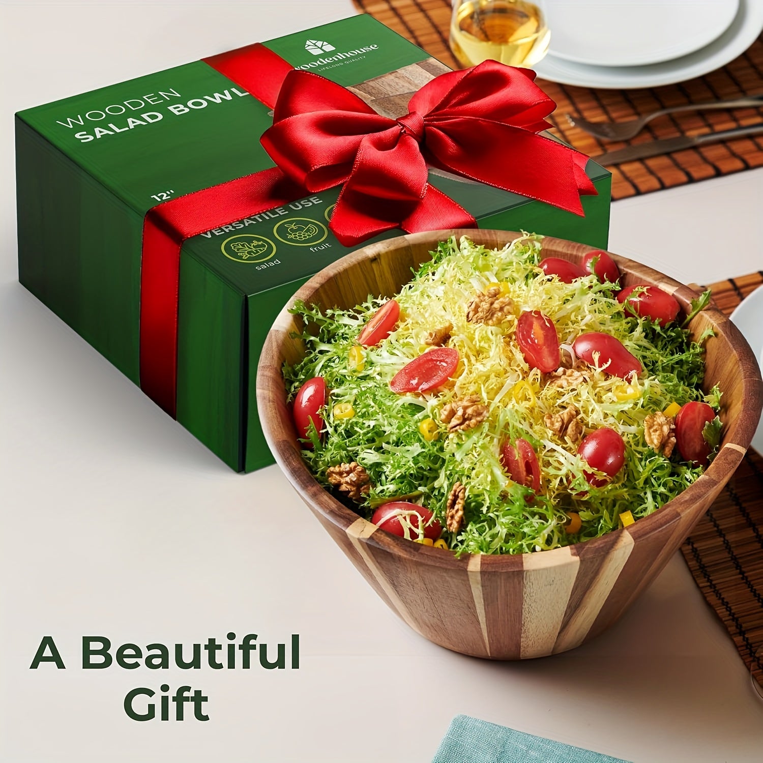 Spacious Acacia Wave Salad Bowl, a Handcrafted Wooden Bowl Perfect for Serving Vegetables, Fruits, And More - a Stylish Addition to Modern Rustic Home Decor