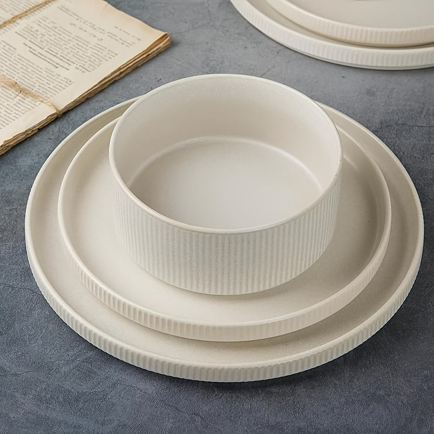 12pcs Stoneware Dinnerware Sets, Round Plates And Bowls Set for 4, Ribbed, Dishwasher And Microwave-safe, Full Glaze Matte White, Best for Christmas, Perfect for Thanksgiving