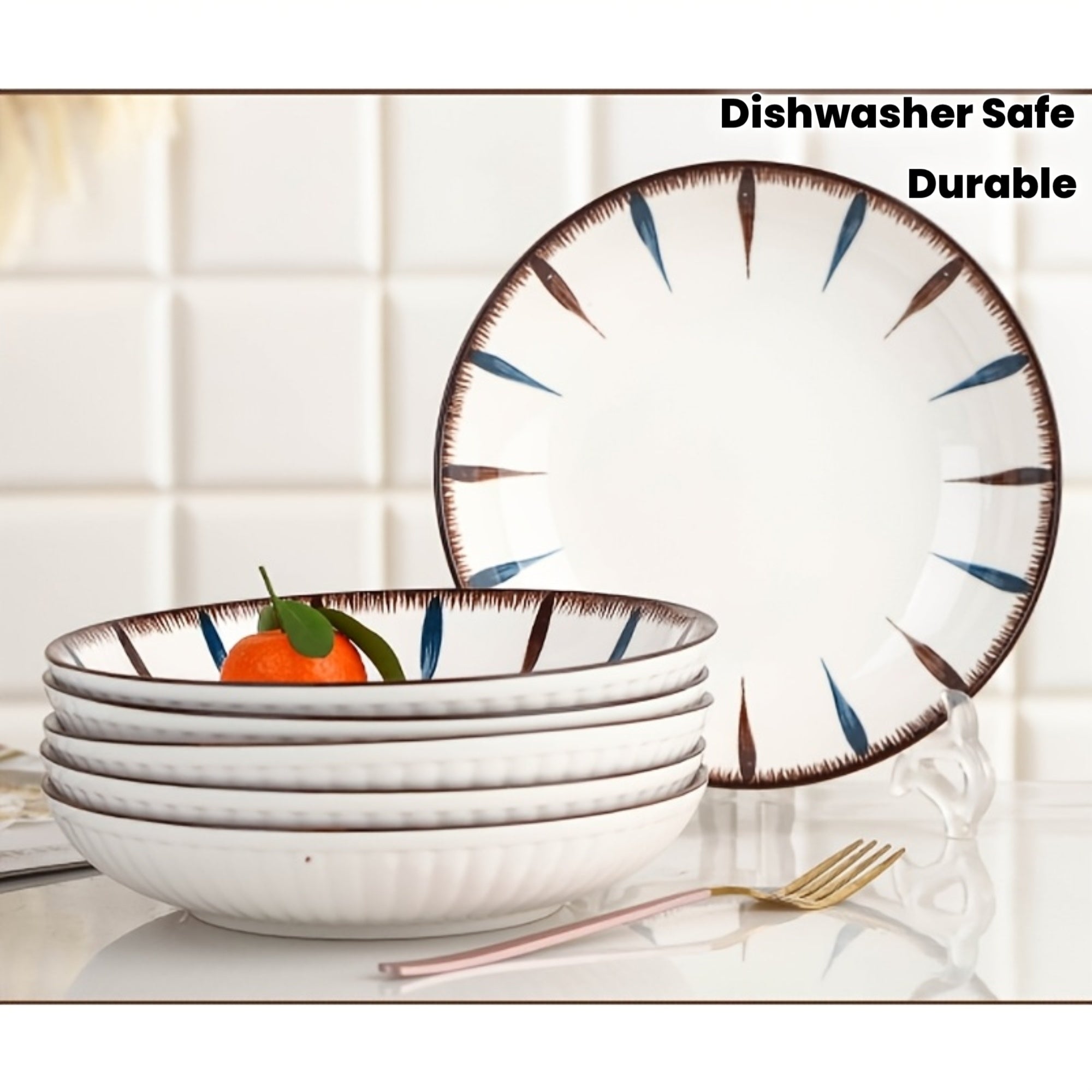 6pcs Japanese-Style Ceramic Deep Plates\u002F8-Inch Round Serving Dishes with Blue & Brown Striped Pattern\u002FMicrowave & Dishwasher Safe\u002FDurable & Easy-Clean Design for Home, Restaurant, Party Use\u002FParty Serving Dishes\u002FElegant Tableware