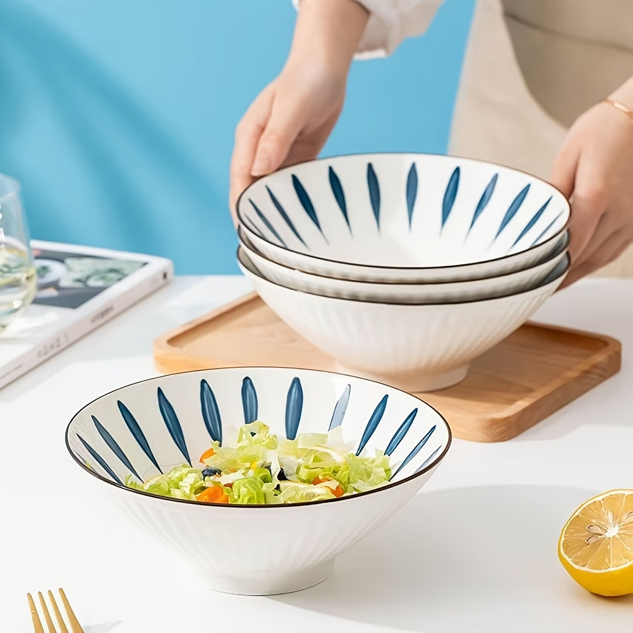 Set of Four Premium Ceramic Bowls Featuring a Distinctive Design, Perfect for Serving Large Portions of Traditional Japanese Ramen Soup in a Retro Style