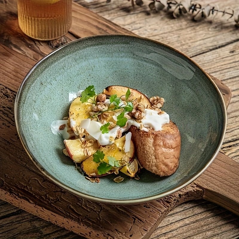 2pcs 8-Inch\u002F30.43oz Unique Ceramic Salad Bowls - Irregular Glaze Design, Perfect for Noodles and Cakes, Adds Vibrancy to Meals, Ideal for Restaurants and Home Use