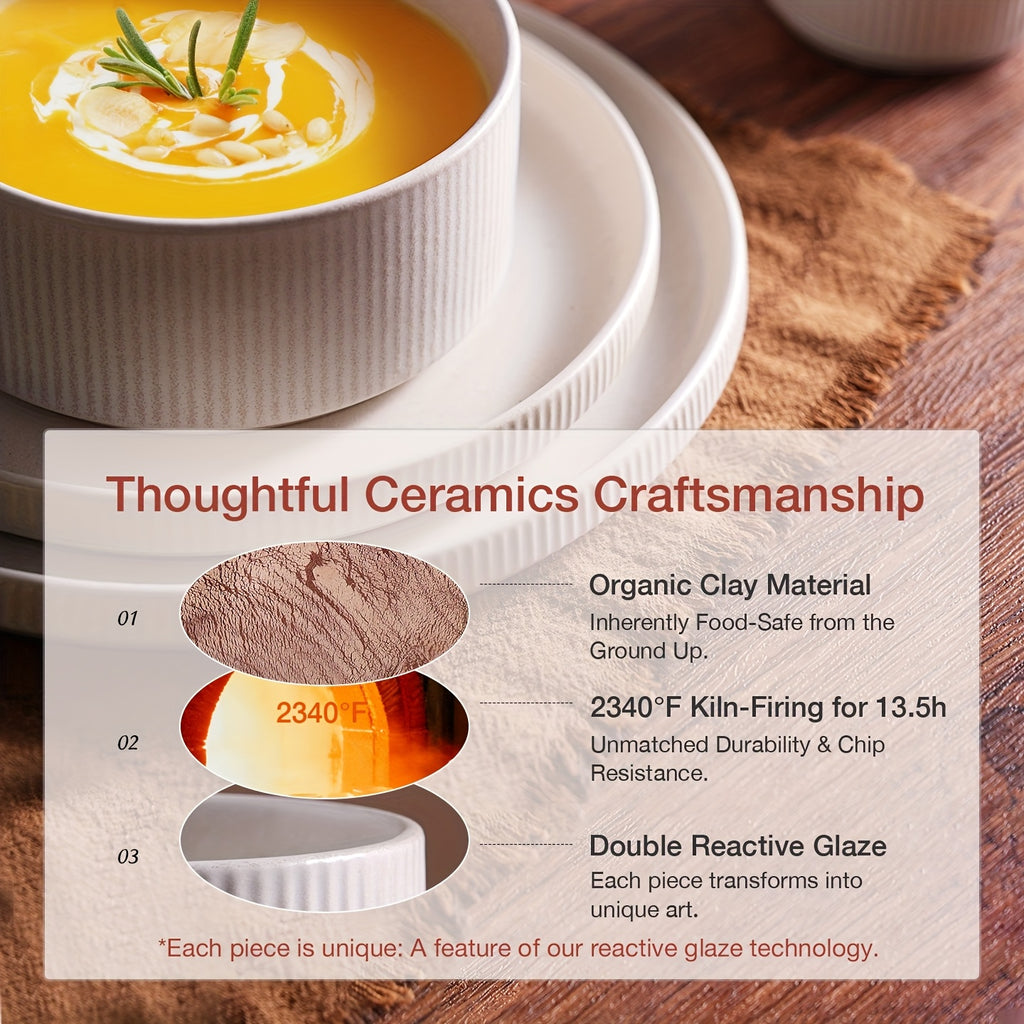 12pcs Stoneware Dinnerware Sets, Round Plates And Bowls Set for 4, Ribbed, Dishwasher And Microwave-safe, Full Glaze Matte White, Best for Christmas, Perfect for Thanksgiving