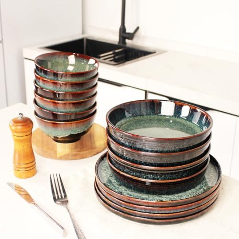 Dinner Set 2 Pieces - Round Reactive Glaze Tableware - Kitchen Dinnerware Porcelain Crockery with Dinner Plate Bowl and Soup Plate Service for 4 Microwave Dishwasher Safe Set No.4