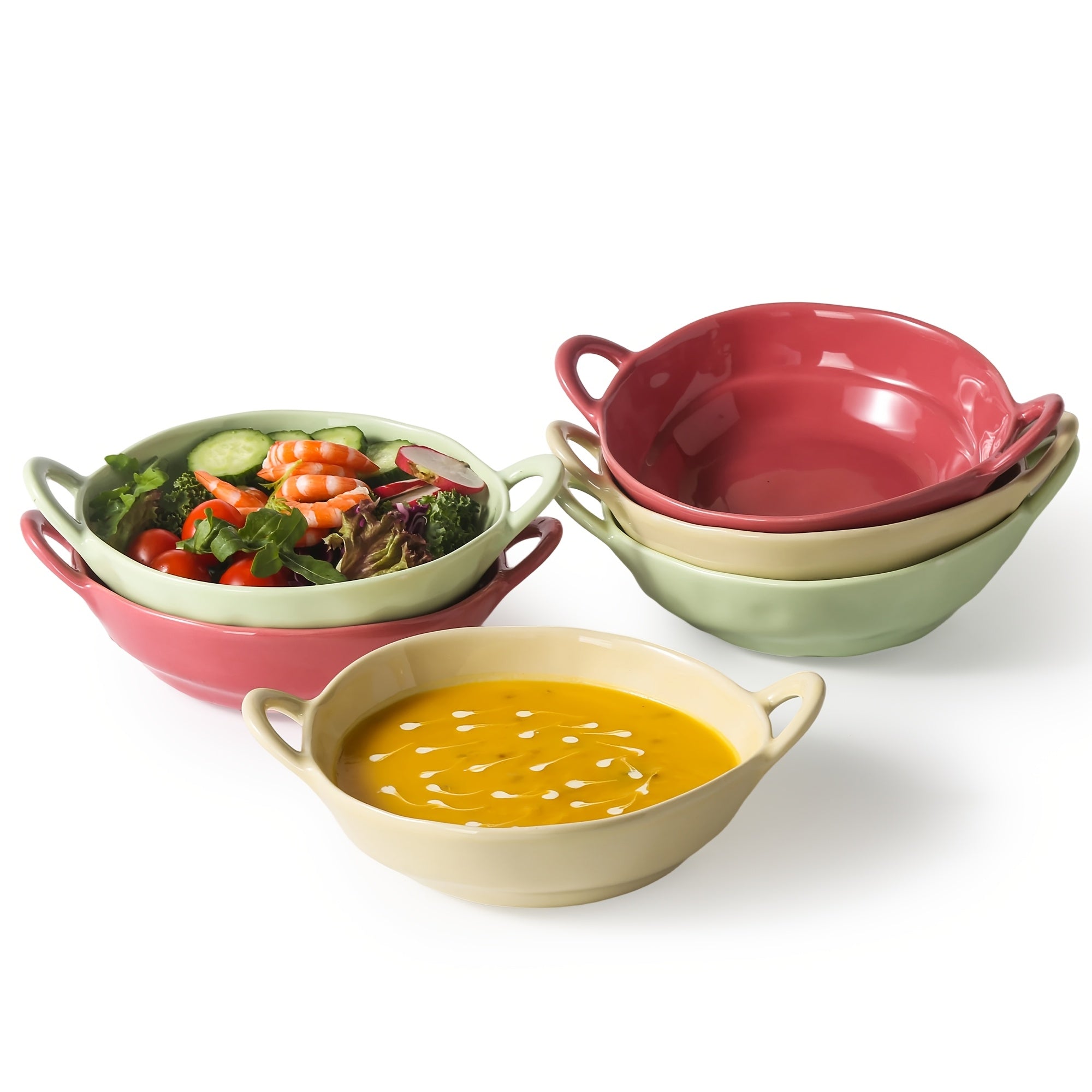 6pcs TAUFIKT Ceramic Bowls with Double Ear Handles | Durable & Versatile for Soup, Salad, Noodles, Fruit - Oven Safe, Round Shape, Ideal for Home and Restaurant, Perfect for Christmas, Valentine'S Day, Thanksgiving, New Year Gatherings