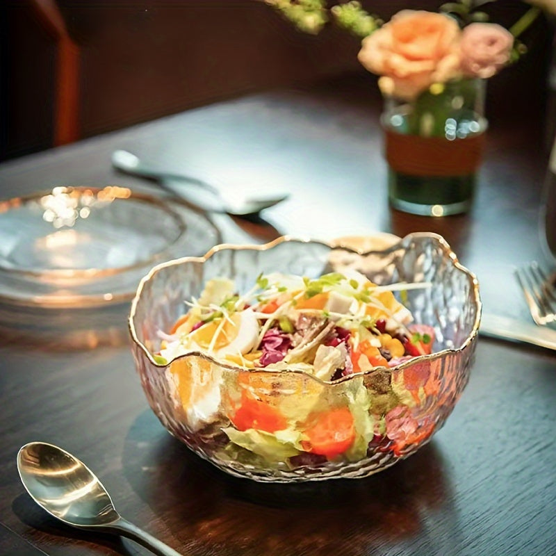 Glass Salad Bowl Set with Unique Hammered Pattern - Rust Resistant, Novelty Shape, Clear Glass Serving Bowls for Home Use