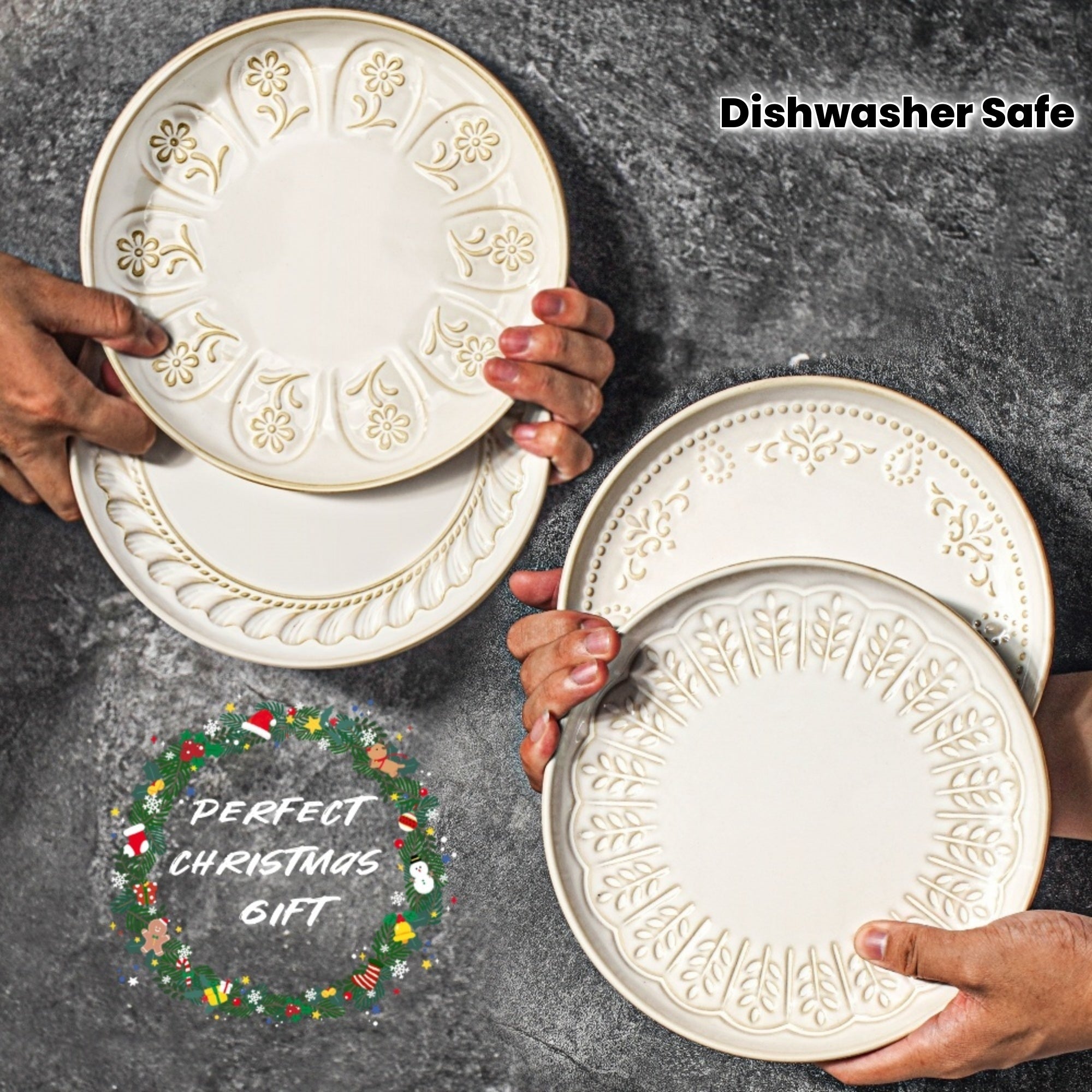 2pcs Ceramic Artena Dinner Plates Set, Embossed Design, 10.75\