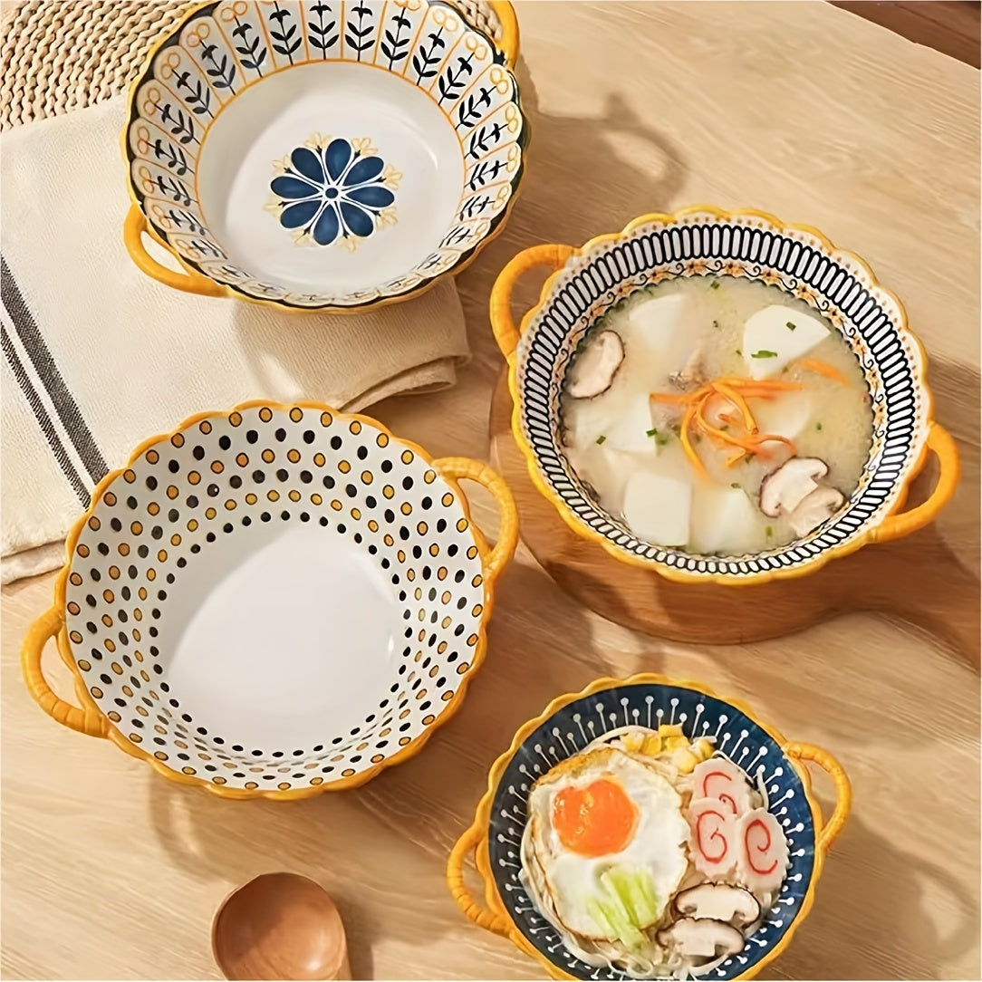 2pcs set of Nordic style ceramic salad bowls, soup bowls with handles, noodle bowls, ramen bowls, fruit bowls