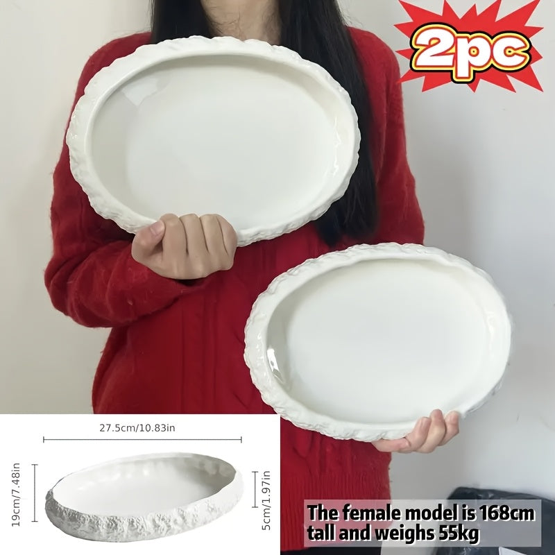 Collection of 2 Oversized Ceramic Fish Dishes Featuring a Rock Design - Ideal for Fish, Lobster, And Seafood - Stylish Tableware for Upscale Dining Establishments And Home Use