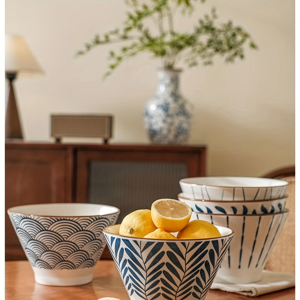 Set of Four 5-Inch Ceramic Bowls in a Japanese Gradient Blue Design, Suitable for Soup, Noodles, And Cereal, And Safe for Both Microwave And Dishwasher Use