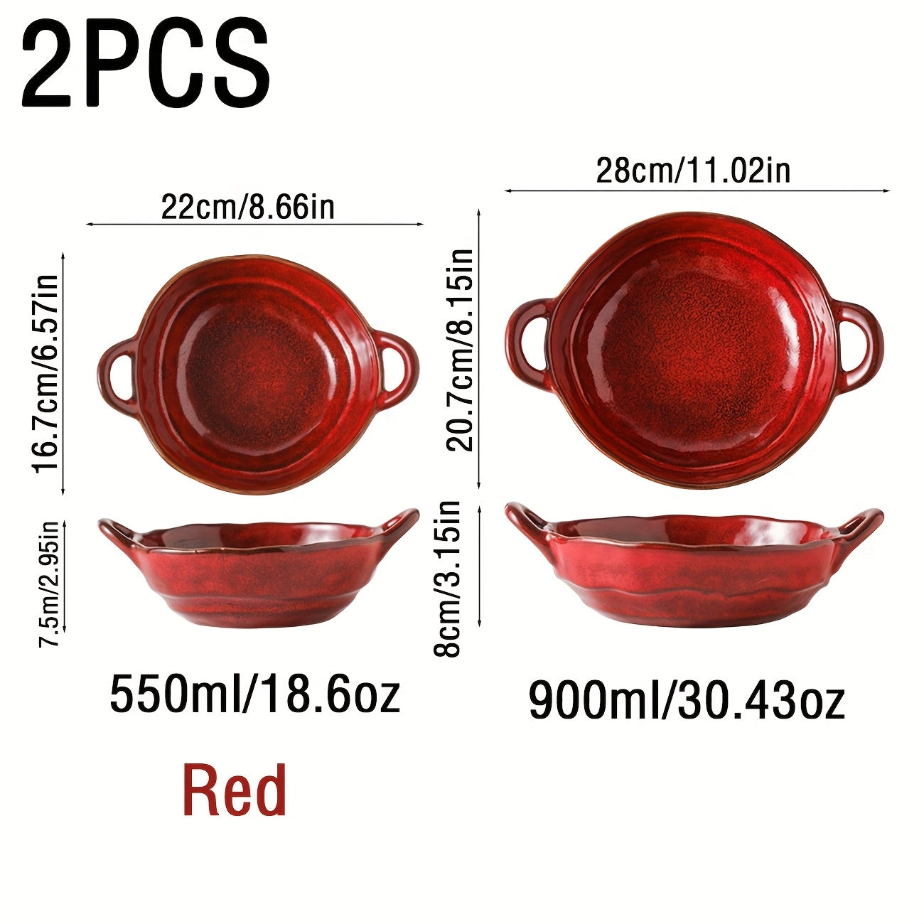 Two Ceramic Double-Handled Soup Bowls with a Capacity of 550\u002F900 Milliliters, Featuring a Heat-Resistant Design with Handles, Safe for Oven And Microwave Use, Suitable for French Onion Soup, Pasta, Ramen, Stews, And More, Perfect for Home Kitchens