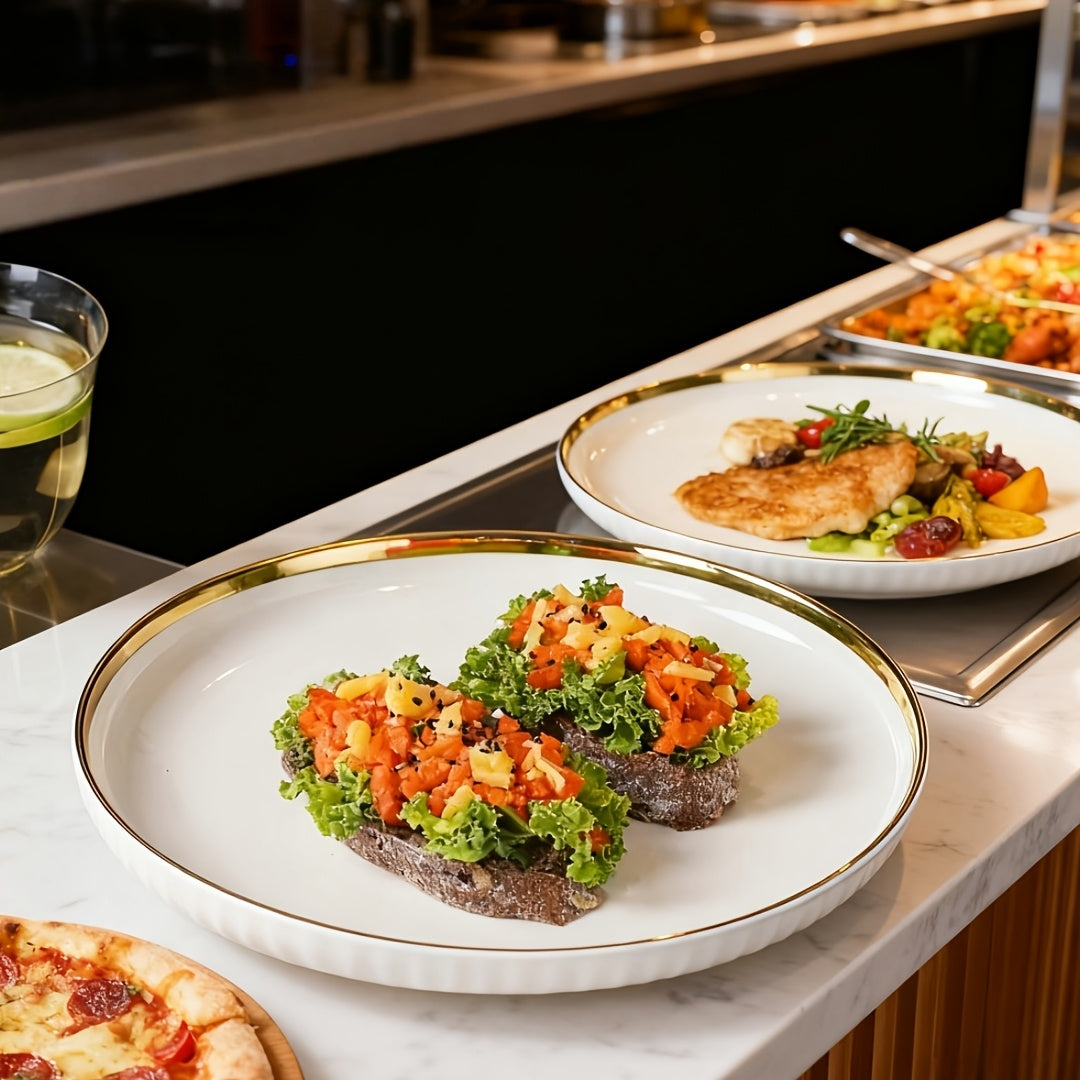 Luxury Ceramic Dinner Plate Set | 10-inch Gold-Edged Plates for Pasta, Salad, Dessert, Sushi - Multi-Functional Kitchenware Suitable for Restaurants and Home Gatherings, Microwave and Dishwasher Safe