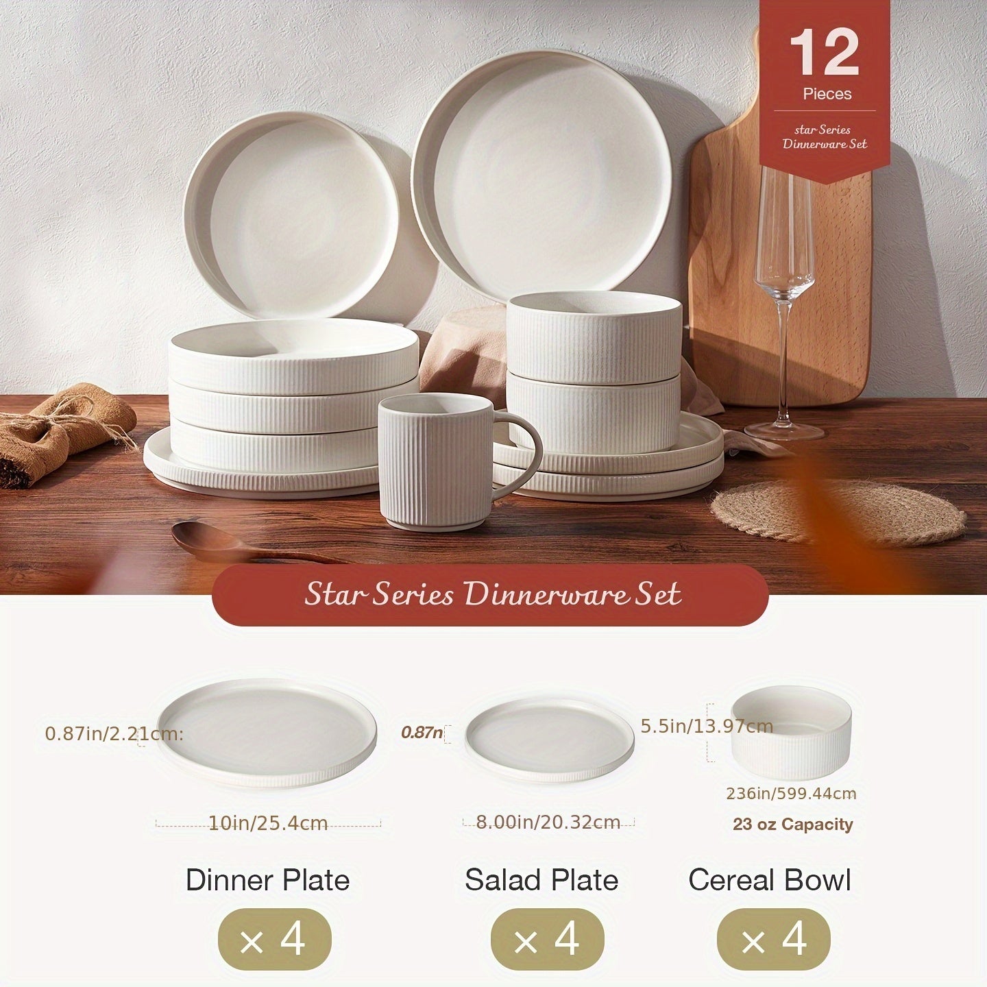 12pcs Stoneware Dinnerware Sets, Round Plates And Bowls Set for 4, Ribbed, Dishwasher And Microwave-safe, Full Glaze Matte White, Best for Christmas, Perfect for Thanksgiving
