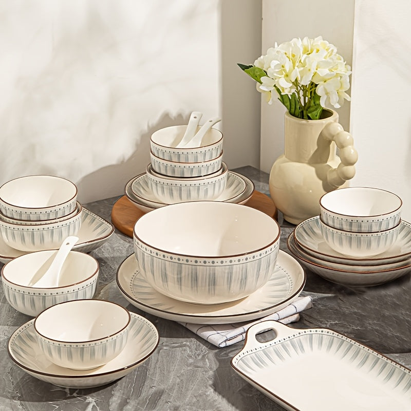 24\u002F45pcs Ceramic Tableware Set, Simple And High-end, with Edge Line Design, Including Rice Bowl, Flavor Dish, Plate, Soup Bowl, Can Hold Rice, Salad, Turkey And Other Food, Suitable for Kitchen, Restaurant, Hotel, Christmas, New Year Gifts