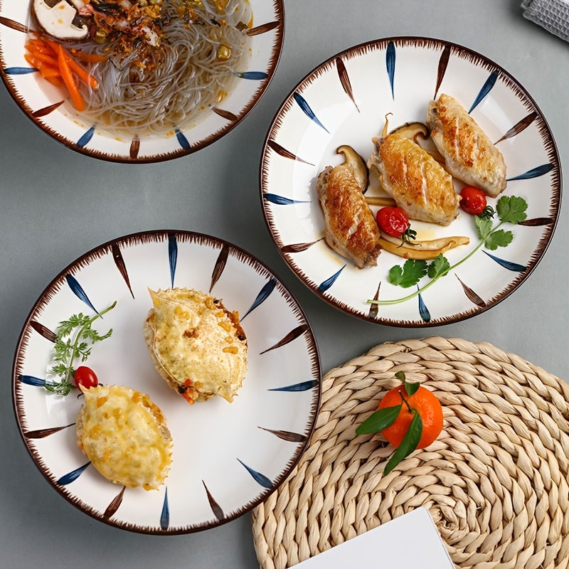 6pcs Japanese-Style Ceramic Deep Plates\u002F8-Inch Round Serving Dishes with Blue & Brown Striped Pattern\u002FMicrowave & Dishwasher Safe\u002FDurable & Easy-Clean Design for Home, Restaurant, Party Use\u002FParty Serving Dishes\u002FElegant Tableware