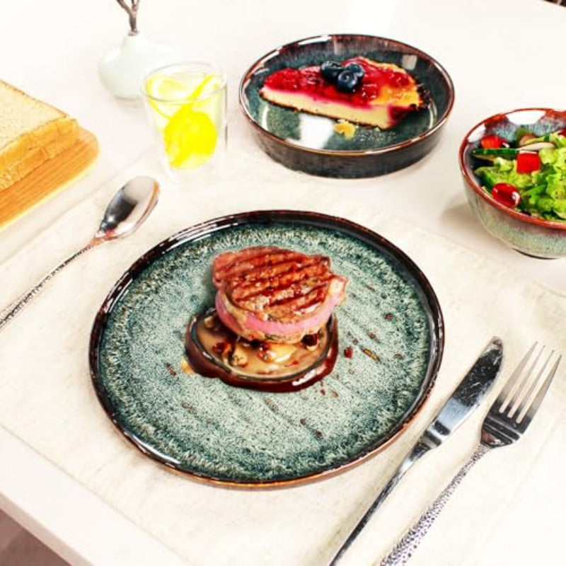 Dinner Set 2 Pieces - Round Reactive Glaze Tableware - Kitchen Dinnerware Porcelain Crockery with Dinner Plate Bowl and Soup Plate Service for 4 Microwave Dishwasher Safe Set No.4