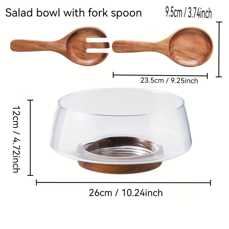 Large Glass Salad Bowl Large Round Glass Salad Bowl Handmade with Spoon & Lid | Nordic Mixing Bowl for Home or Restaurant, Fruit Dessert Serving, Decorative Lid, Glass Dish