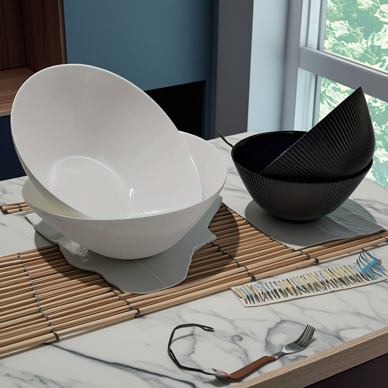 4pcs Salad Bowl Set, 66oz White Salad Bowls (2pcs) and 30oz Black Salad Bowls (2pcs), Striped Design Thickened Glass Material, Suitable for Salad Bowls, Soup Bowls, Breakfast Oatmeal Bowls, Multifunctional Kitchen Tableware