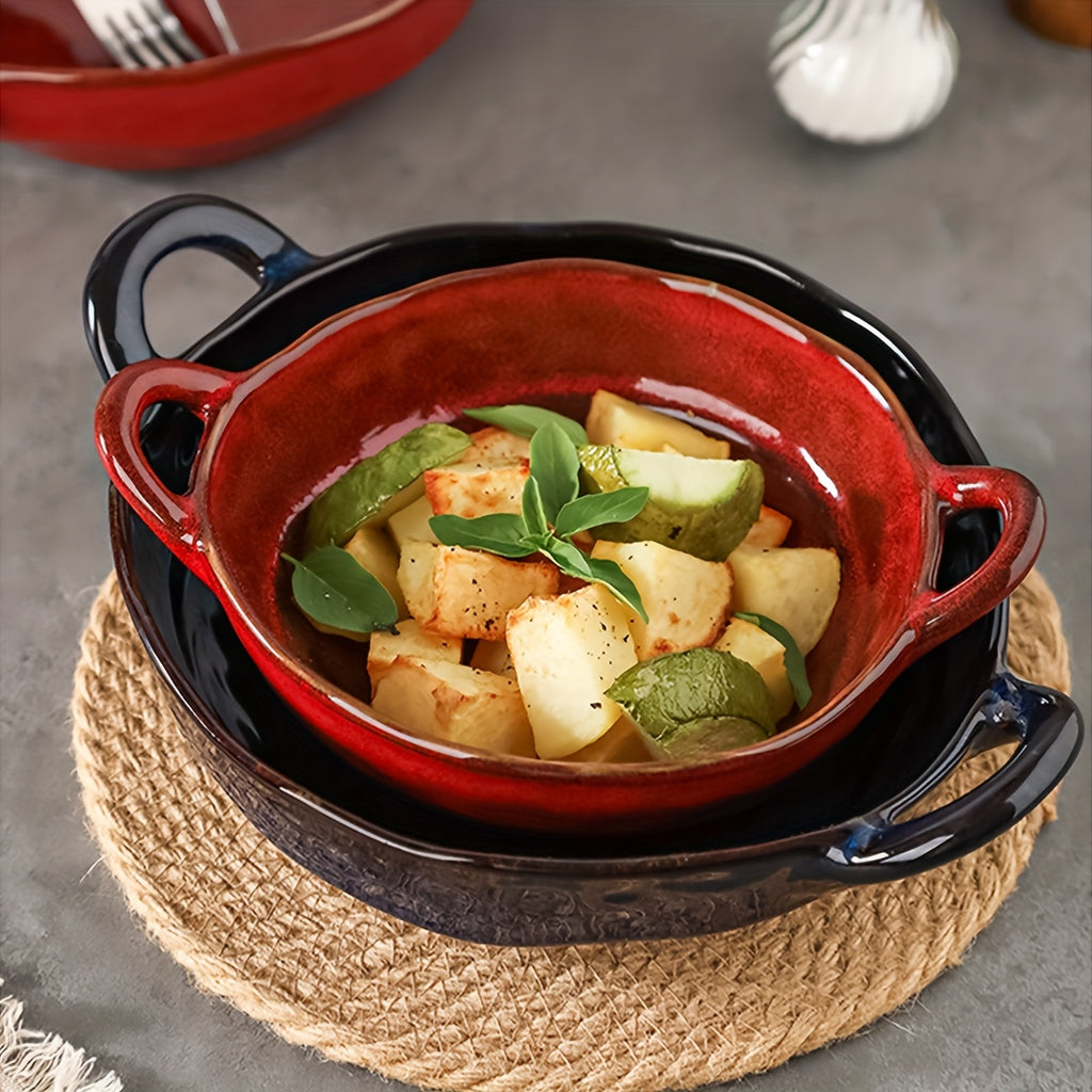 Two Ceramic Double-Handled Soup Bowls with a Capacity of 550\u002F900 Milliliters, Featuring a Heat-Resistant Design with Handles, Safe for Oven And Microwave Use, Suitable for French Onion Soup, Pasta, Ramen, Stews, And More, Perfect for Home Kitchens