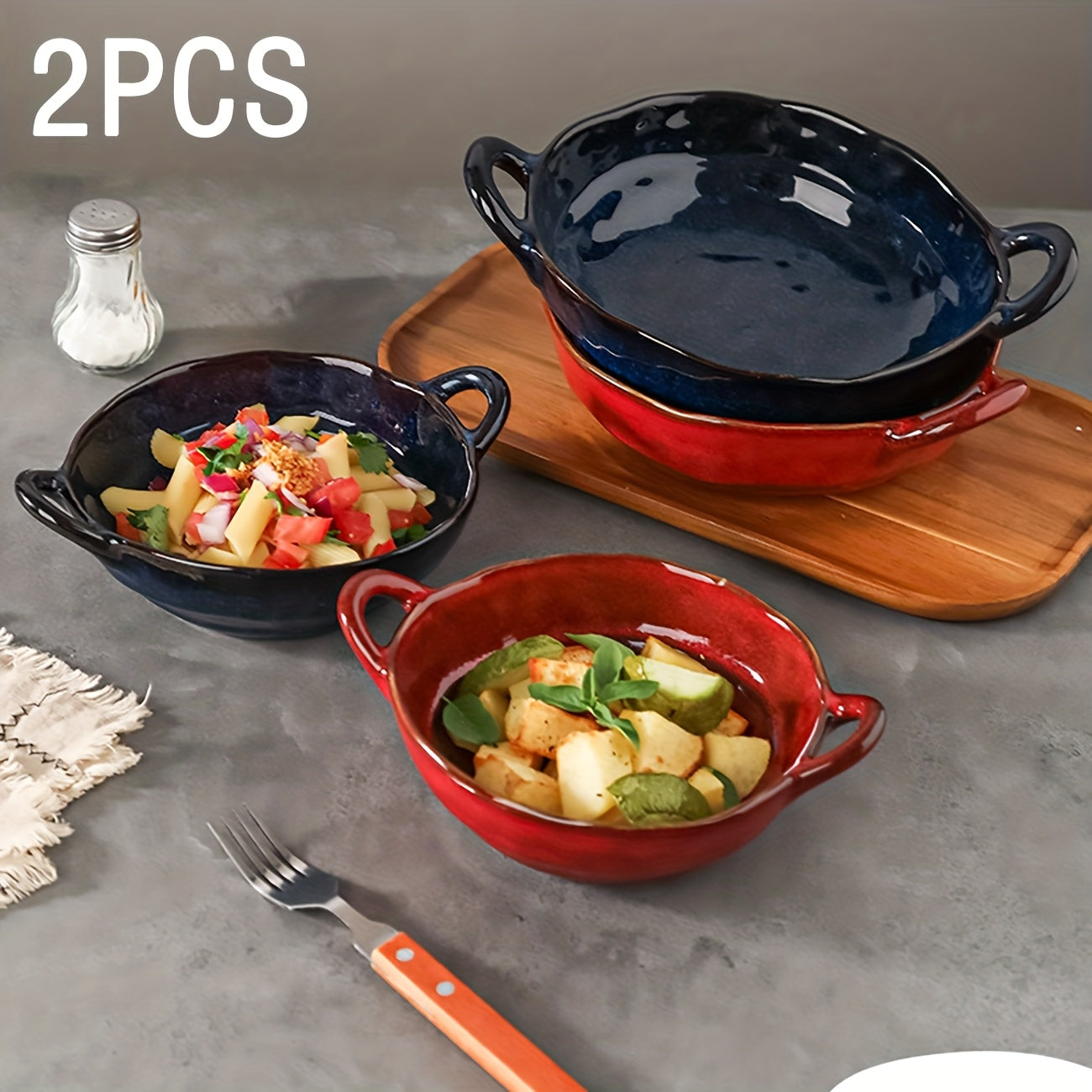 Two Ceramic Double-Handled Soup Bowls with a Capacity of 550\u002F900 Milliliters, Featuring a Heat-Resistant Design with Handles, Safe for Oven And Microwave Use, Suitable for French Onion Soup, Pasta, Ramen, Stews, And More, Perfect for Home Kitchens