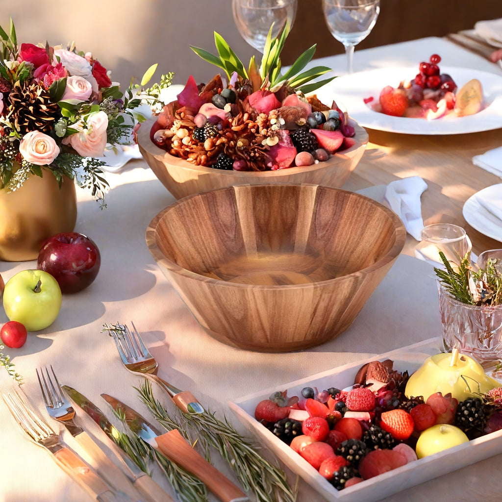 Set of Wooden Salad Bowls, Large Serving Bowl Made of Acacia Wood for Fruits, Salads, Vegetables, And More, Crafted by Hand