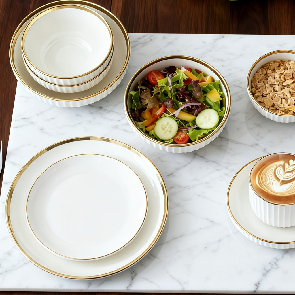 Luxury Ceramic Dinner Plate Set | 10-inch Gold-Edged Plates for Pasta, Salad, Dessert, Sushi - Multi-Functional Kitchenware Suitable for Restaurants and Home Gatherings, Microwave and Dishwasher Safe