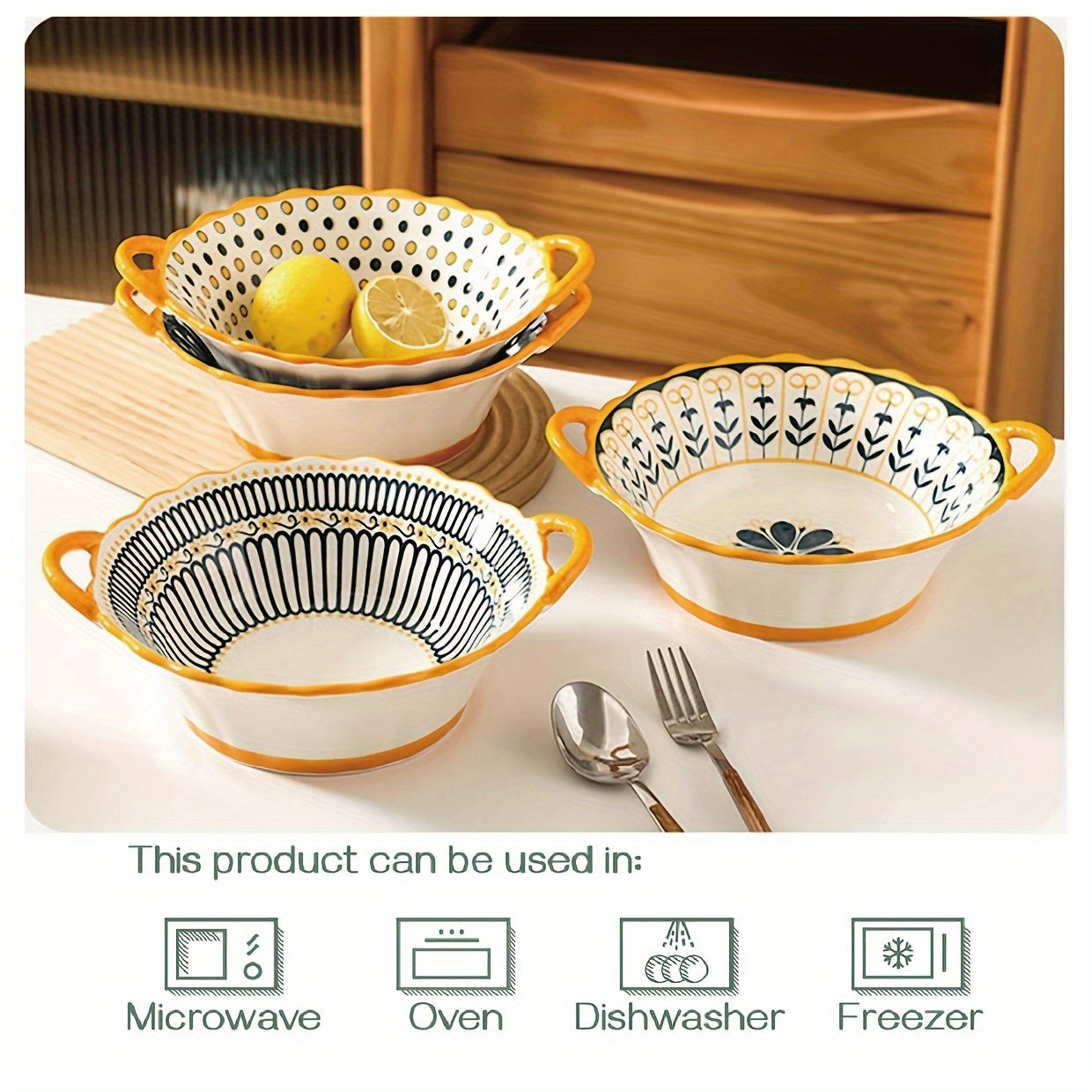 2pcs set of Nordic style ceramic salad bowls, soup bowls with handles, noodle bowls, ramen bowls, fruit bowls