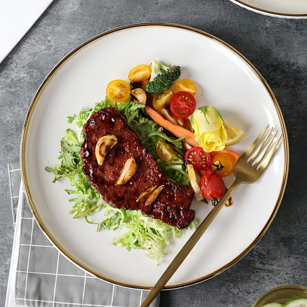 Luxury Ceramic Dinner Plate Set | 10-inch Gold-Edged Plates for Pasta, Salad, Dessert, Sushi - Multi-Functional Kitchenware Suitable for Restaurants and Home Gatherings, Microwave and Dishwasher Safe