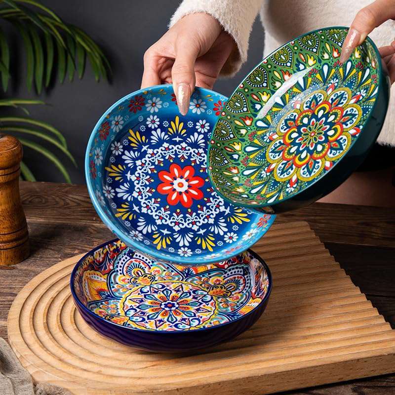 Stoneware Ceramic Pasta Bowls Set of 6 Deep Plates - 8 Inch Shallow Dinnerware, Premium Mandala Boho Salad Soup Rice Bowls, Colorful Decorative Ceramic Serving, Microwave Dishwasher Oven Safe Rimmed