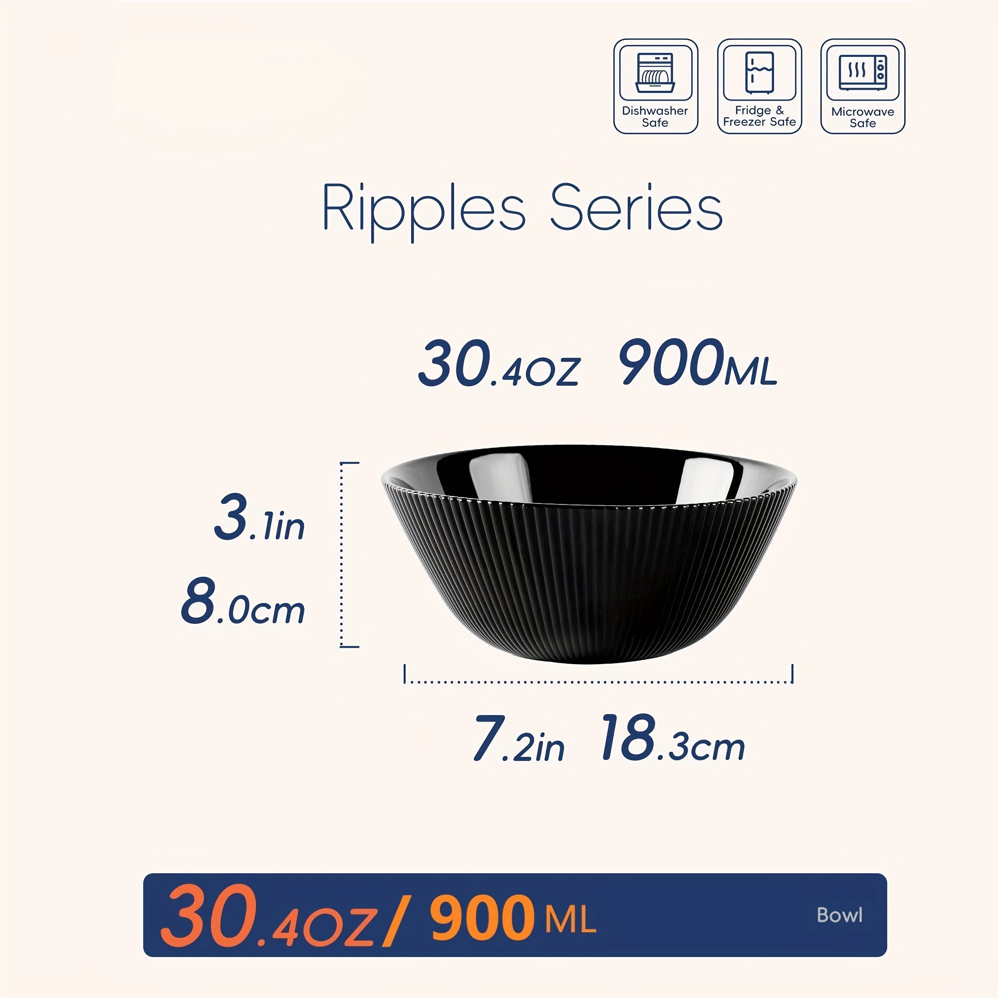 4pcs Salad Bowl Set, 66oz White Salad Bowls (2pcs) and 30oz Black Salad Bowls (2pcs), Striped Design Thickened Glass Material, Suitable for Salad Bowls, Soup Bowls, Breakfast Oatmeal Bowls, Multifunctional Kitchen Tableware