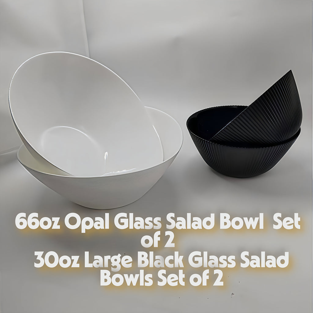 4pcs Salad Bowl Set, 66oz White Salad Bowls (2pcs) and 30oz Black Salad Bowls (2pcs), Striped Design Thickened Glass Material, Suitable for Salad Bowls, Soup Bowls, Breakfast Oatmeal Bowls, Multifunctional Kitchen Tableware