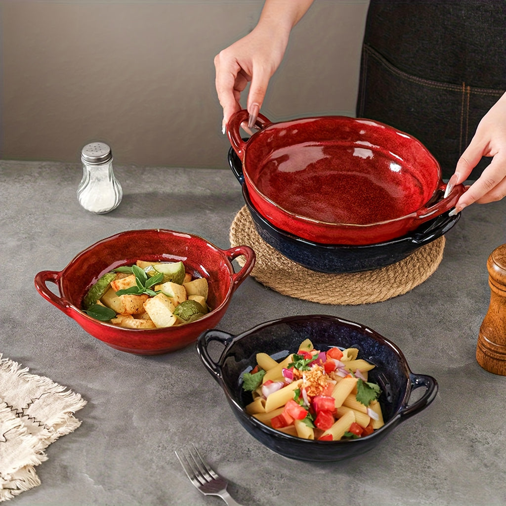 Two Ceramic Double-Handled Soup Bowls with a Capacity of 550\u002F900 Milliliters, Featuring a Heat-Resistant Design with Handles, Safe for Oven And Microwave Use, Suitable for French Onion Soup, Pasta, Ramen, Stews, And More, Perfect for Home Kitchens