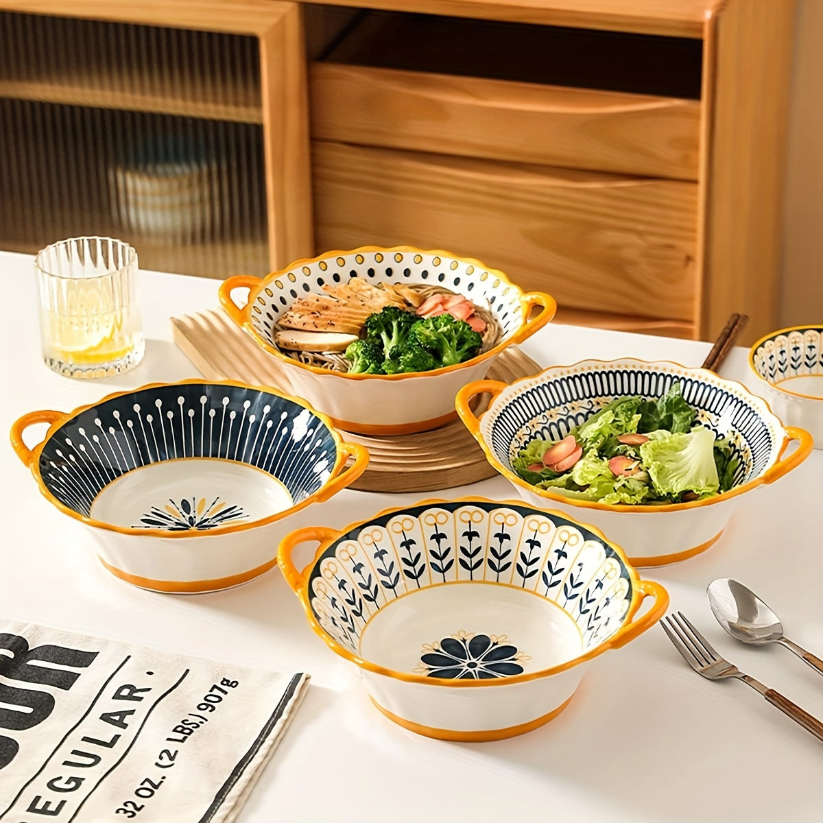 2pcs set of Nordic style ceramic salad bowls, soup bowls with handles, noodle bowls, ramen bowls, fruit bowls