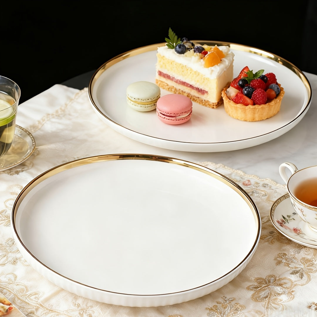 Luxury Ceramic Dinner Plate Set | 10-inch Gold-Edged Plates for Pasta, Salad, Dessert, Sushi - Multi-Functional Kitchenware Suitable for Restaurants and Home Gatherings, Microwave and Dishwasher Safe