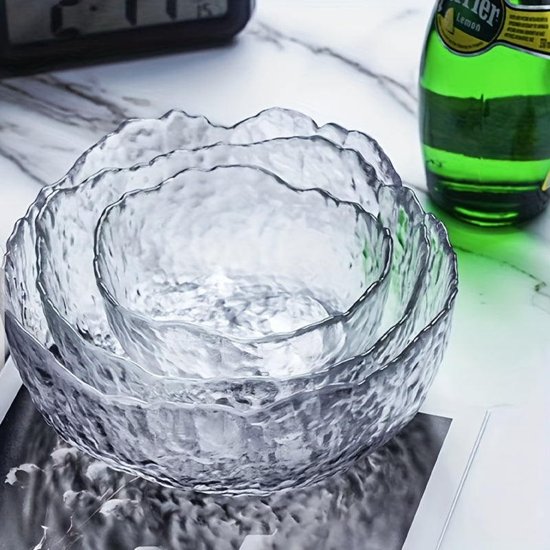 Glass Salad Bowl Set with Unique Hammered Pattern - Rust Resistant, Novelty Shape, Clear Glass Serving Bowls for Home Use
