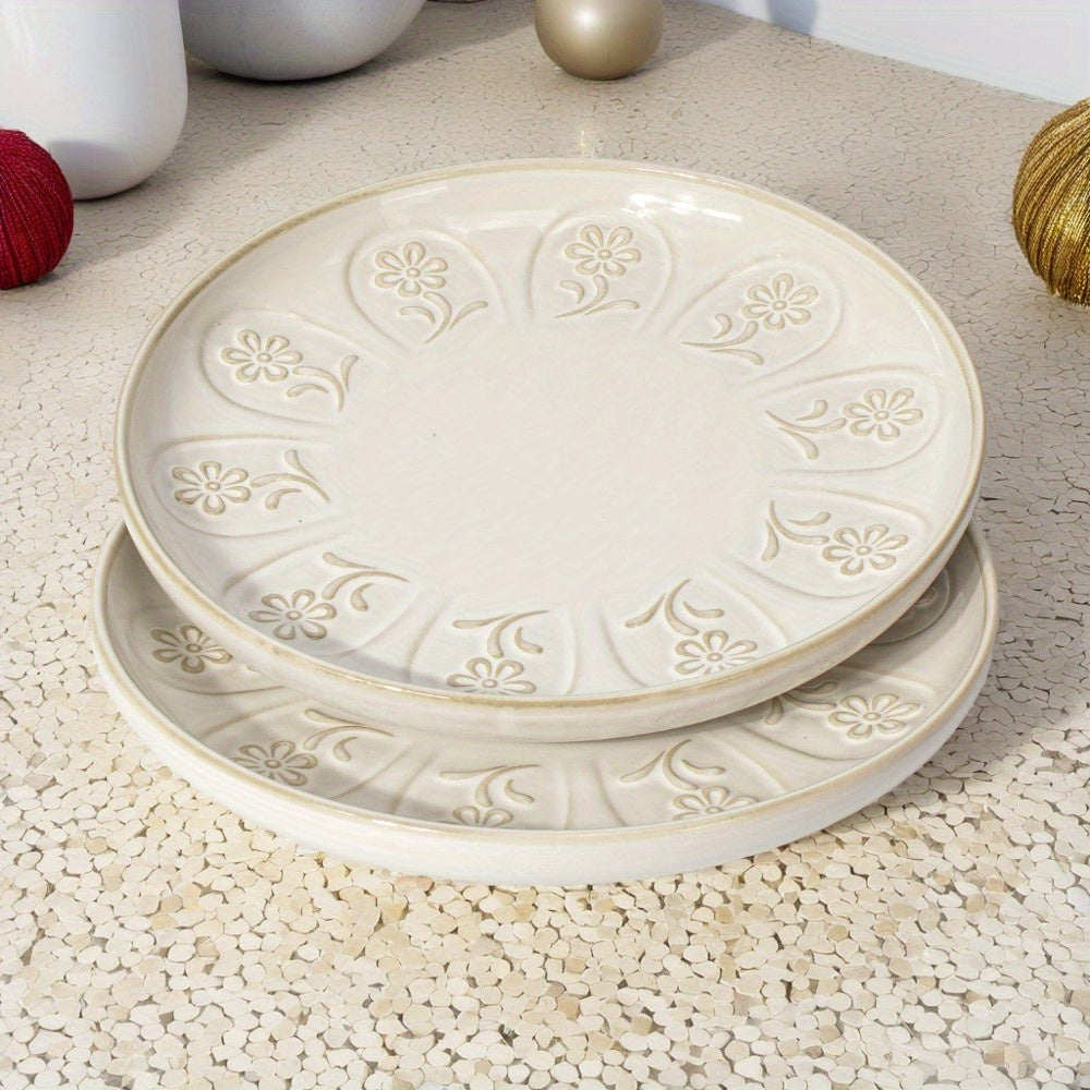 2pcs Ceramic Artena Dinner Plates Set, Embossed Design, 10.75\