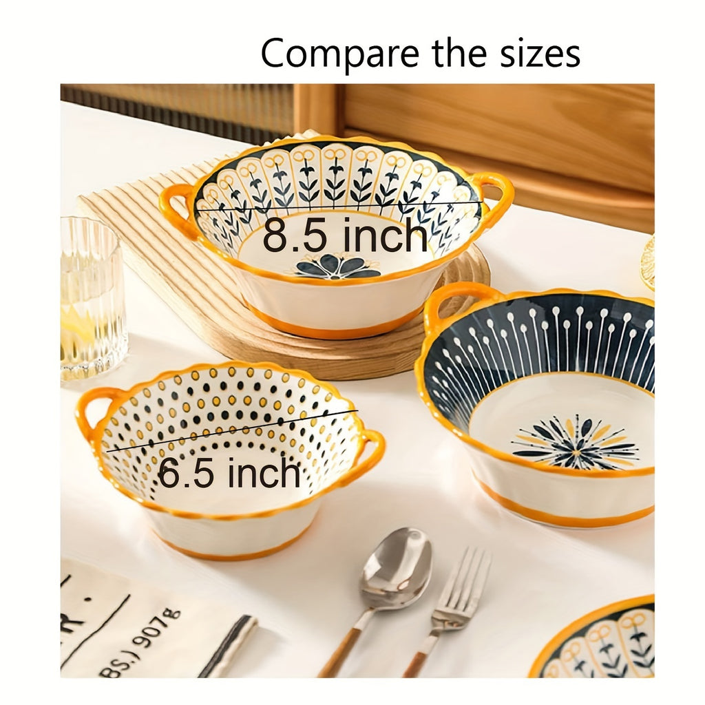 2pcs set of Nordic style ceramic salad bowls, soup bowls with handles, noodle bowls, ramen bowls, fruit bowls