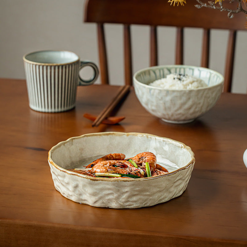 This Is a Uniquely Designed Ceramic Bowl Inspired by Twilight, Perfect for Upscale Dining. It Features a Water Ripple Pattern And Embodies Nordic Characteristics, Making It a Personalized Choice for Serving Salads And Fruits