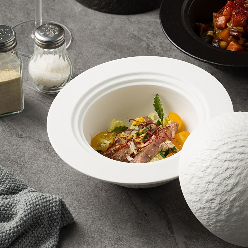 1pc Elegant Planet Design Ceramic Serving Bowl with Textured Lid - Round Food-Grade Dish for Salads, Appetizers, Main Meals - Home and Restaurant Use